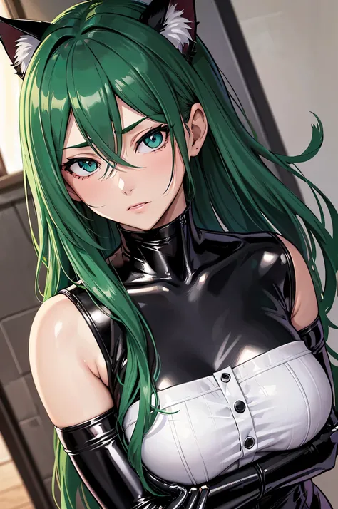 beautiful, (masterpiece), 最high quality, (extremely get used to it face), extremely get used to it eyes, perfect lighting, overall details, get used to it, deep skin, slicked back hair, long hair, green hair, type of eyes, slicked back hair, elbow bag, alo...