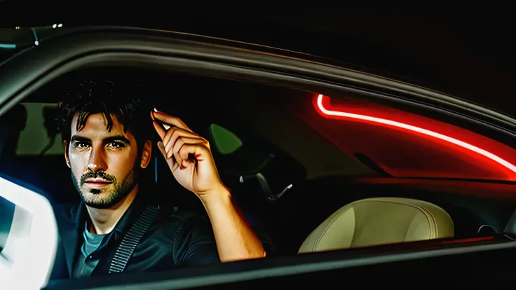 a man driving his car during night time. also show his face