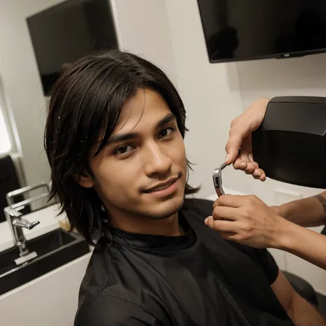 Garoto, preto, cabelo curto, na cadeira do dentista