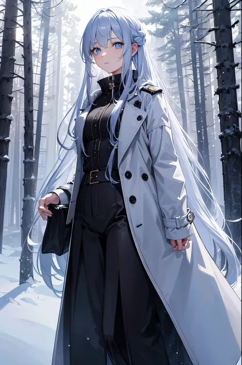 (absurdres, highres, ultra detailed), masterpiece, 8K, perfect resolution, great detail, super detailed, detailed face, 1girl, trench coat, long pants, winter clothes, young adult, long white hair, dense hair, blue icy eyes, winter forest, snowing, angular...