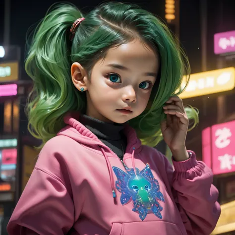 Extraordinary portrait of an unfamiliar microscopic cyberpunk , 4 years old girl, baby girl, four years old,  showcasing their adorable and small features over a green tech-infused high fashion style, meticulously captured in professional photography. 8k r...