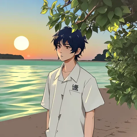 one boy、short hair、Dirty white work clothes、A deep shadow is cast on my clothey hair is blowing a little in the wind、Sunset sky and sea reflecting the setting sun、Meteors、Bush、2D anime style、