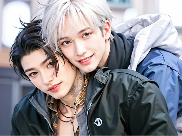 a handsome guy with short white hair , blue eyes and blue hoodie with white hood is smiling and hugging the previous guy from back. Another handsome guy with black pony tail and a black jacket is smiling, 