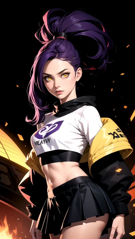 (masterpiece, best quality), 1girl, purple hair, yellow eyes, glowing eyes, crop top, skirt,