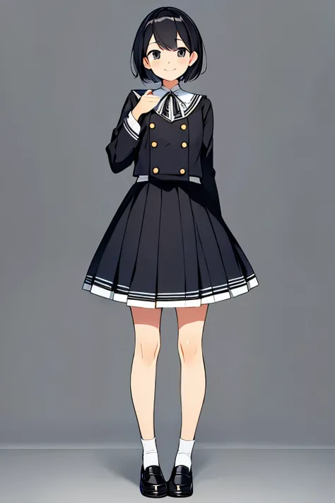 masterpiece,high quality,alone,smile,(loli:1.2),1 female,standing,full body,short hair,uniform,skirt,black hair,beautiful girl ,perfect hands,looking at the viewer,white socks,no background,white background