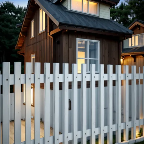 night，night，there is a white 木fence with a blue house in the background, 半真实rendering, Clear photos, white picket fence, clear background, clear backgroundred, house background, clear background, slightly blurry, fences, wooden fence, some clear background...