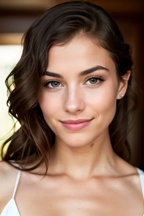 Breathtaking cinematic photo of a 30-year-old woman with brown hair and brown eyes, radiating happiness and cheerfulness, showing a closed-mouth smile with perfectly shaped, beautiful lips. Her intricate details are captured in a highly detailed and high-b...