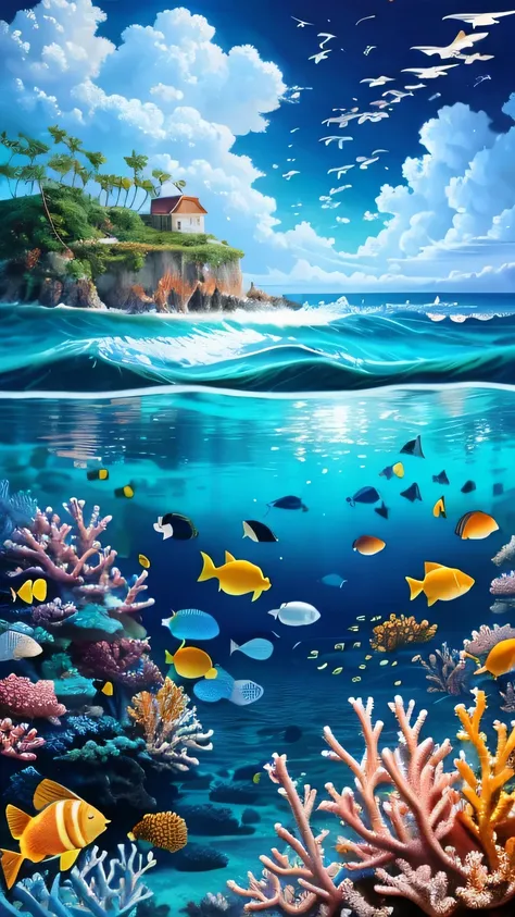 ocean, coral reef, Schools of fish in the sea, flying bird, stunning wallpapers, magnificent background, Surrealism 8k, Beautiful Art Ultra HD 4K, wallpaper 4k, wallpaper 4k, 4k high definition illustration wallpaper, beautiful wallpaper, 4k wallpaper, 4k ...