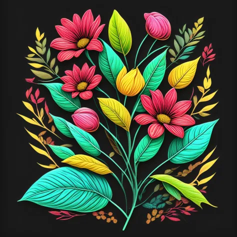 Natures Blueprint,Leaves, Flowers, Botanical, Organic, 80s vector image, T-shirt design, isolated, black background, green yellow illustration and red only, with cyan color