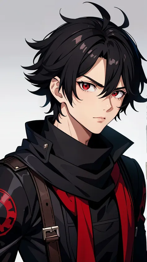 (high-quality, breathtaking),(expressive eyes, perfect face) 1boy, male, solo, age 18, teenager age, masculine face, black color hair, red eye color, spiky fluffy hair, short hair length, messy loose hair, modern clothing, red and black tunic, black scarf,...