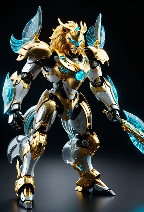 (full body shot:1.5), (full view:1.5), personification,Against a pure black background, a cyan and gold lion transparent mecha stands on the ground in a combat posture,Exquisite white transparent glass mechanical armor, metal mechanical mask, precision lum...