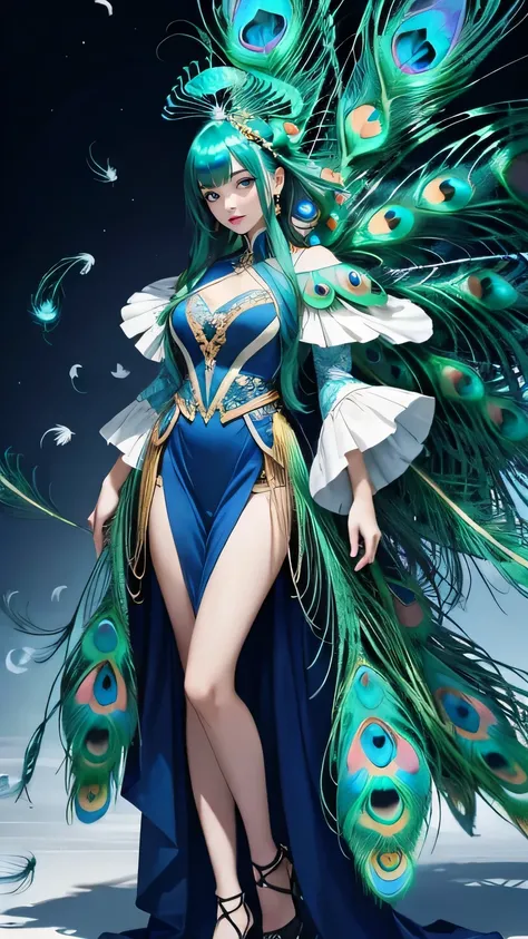 (((masterpiece))),((highest quality)),one beautiful japanese girl,pale, (A fusion character of humans and peacocks: 1.5), ((flashy)), (covered in feathers: 1.5), (colorful clothes), (expose one&#39;s skin), (spread the tail feathers)、hair is a feather、The ...