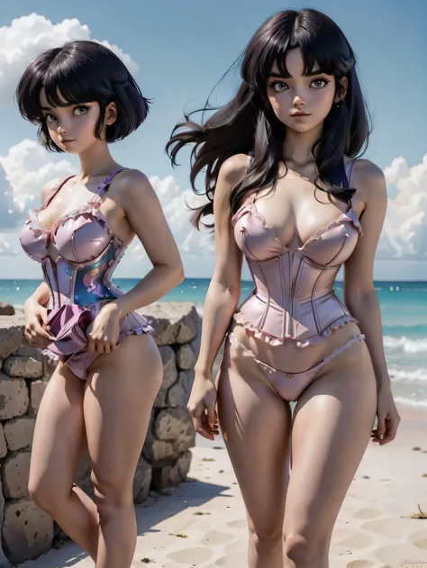 Dark-haired anime girl in pink swimsuit and corset, 16 anos, corpo bonito, seios grandes, com hand in panties , hand in hair, Garota sensual, purple cabelo, mechas de cabelo laterais, mechas de cabelo na lateral do rosto, beautiful lighting, sombras suaves...