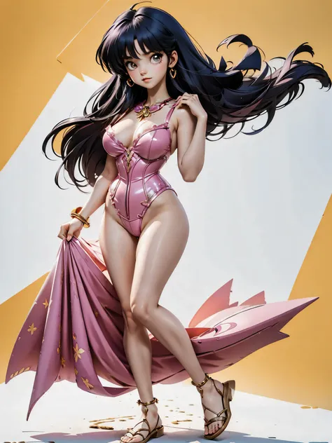 Dark-haired anime girl in pink swimsuit and corset, 16 anos, corpo bonito, seios grandes, com hand in panties , hand in hair, Garota sensual, purple cabelo, mechas de cabelo laterais, mechas de cabelo na lateral do rosto, beautiful lighting, sombras suaves...