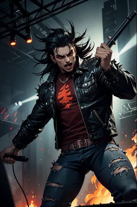 (best quality,highres),monster heavy metal rock N roll style,big muscular body,extremely powerful,red glowing eyes,headbanger clothing,spiked leather jacket,distressed denim jeans,metal stud accessories,[dynamic],dark and aggressive background,[intense],he...