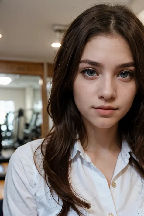 A close-up photograph of a 19 years old woman wearing white button-up shirt , with long brown hair styled in a big way, blue eyes, and natural-looking makeup. She should be looking directly at the camera while standing in a gym set. The focus should be on ...