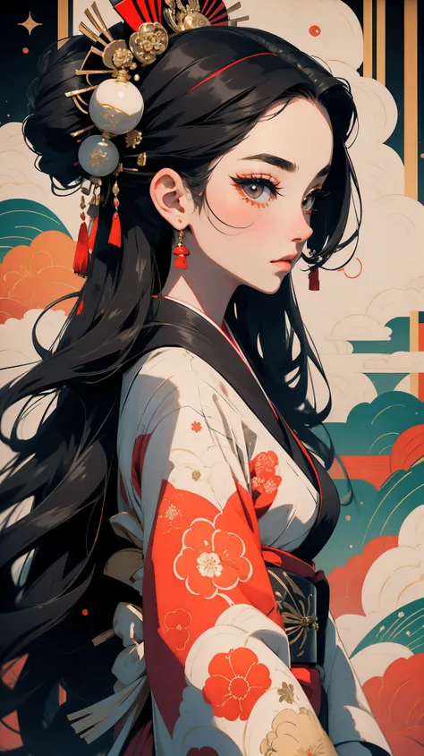 A Japanese Geisha dressed in a traditional, immaculately patterned kimono. Long black hair. The colors of the kimono are vibrant. Her hair is chicly styled, adorned with decorative hairpieces to complement her elegant appearance. She projects an aura of gr...