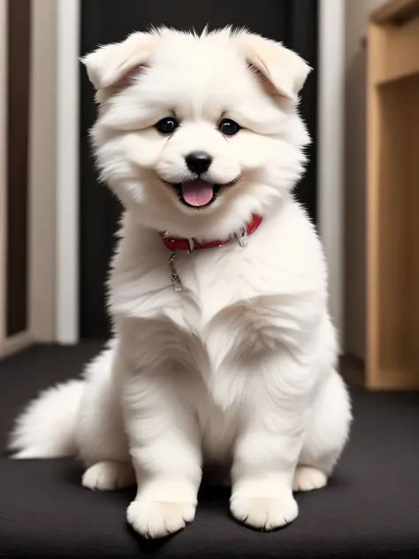 little puppy, white fur, fluffy, happy expression, sitting pose