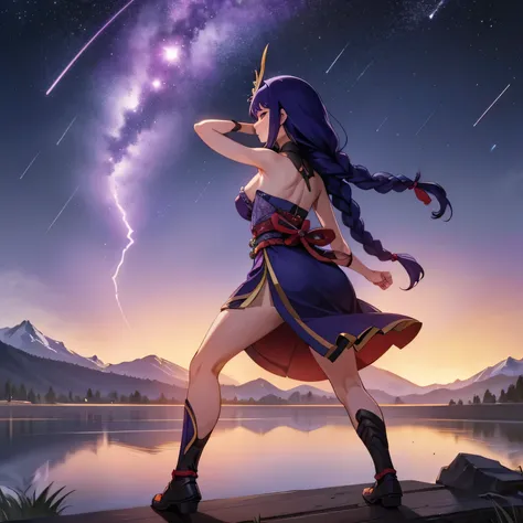 1 girl,genshin characters,raiden shogun,night sky,purple hair,braids,free pose,starry night,meteor shower,lake at the side o mou...