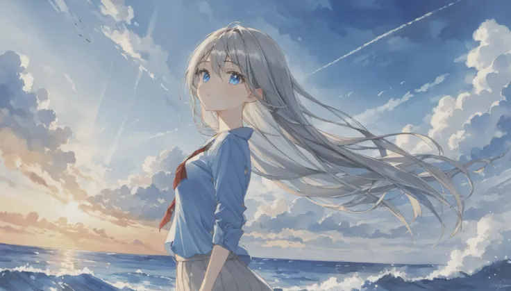 azure sky, girl, longhair, silver hair, blue eyes, business shirt, watercolor, colorful, wing, blue sky, sky above, midair, horizon, sea, ray tracing, ultra detailed, perfect eyes, 8k, master piece