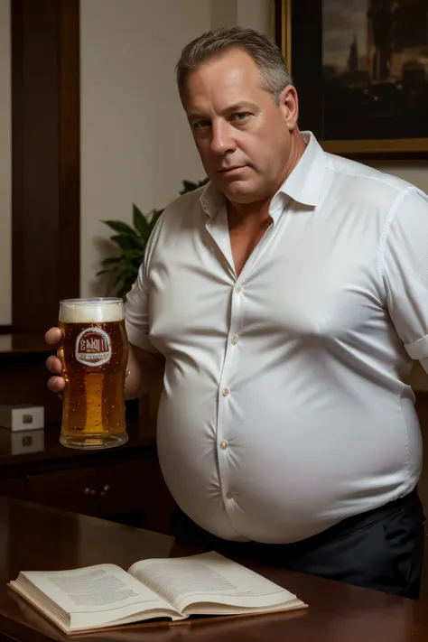 (Mejor calidad,high resolution,ultra detallado,realista:1.2), retrato, hombre de mediana edad,desagradable,blanco, regordete, muscular, 60 years old, Traje, desabrochado,padre, panza de cerveza,oficina,traje inteligente, profesor