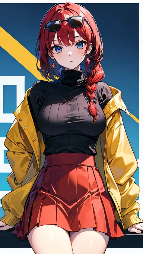 ​masterpiece、high-quality、top-quality、Beautiful face、expressive eyes、hard disk、Perfect lighting、A detailed face、Detailed body、mature female、mature lady、solo、(A red-haired)、braided ponytail、swept bangs、 blue eyes、((yellow skirt))、((Black Turtleneck sweater)...