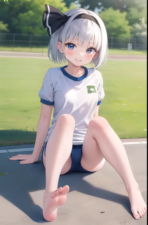 (((((whole body)))))、Youmu, This is a very cute gym uniform 、smile,、cowboy shot、barefoot、sitting、spread legs、