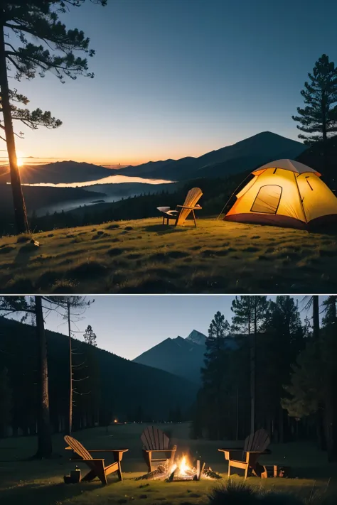 This exquisite tableau showcases an idyllic camping setting under the enchanting evening sky. At the heart of the scene lies a vigorous bonfire, its flames leaping high and illuminating the rough stones strewn haphazardly around it. On the left, an authent...