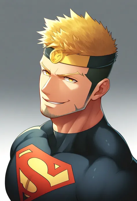 anime characters：Guy, priapus, 1个年轻的muscular man, male focus, Sporty black headband, Black Turtleneck Superman Tight T-Shirt, superman logo, muscular man, extra large breasts, only, Upper body, alone, short yellow hair, stubble, yellow eyes, blink, White b...