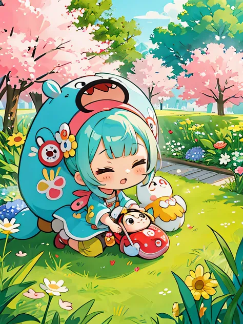 Takashi Murakami style, design, cute, nice girl (Chibi), stylish, treasure chest, Playing in the garden, spring, beautiful flower, highest quality