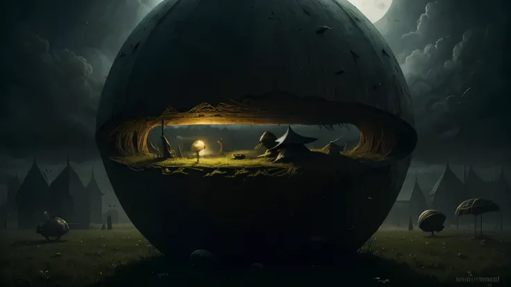 a strange shapeless alien spaceship floating over the fields and meadows, Rhizome, detailed sharp focus fantasy, imperial colors, by Hieronymus Bosch, Nicoletta Ceccoli, Jean Baptiste Monge, Paul Delaroche, Stephen Gammell, Sherry Akrami, surreal mysteriou...