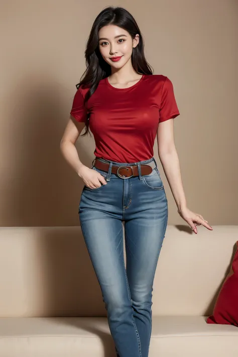 Draw lips correctly, red lipstick, from chest up, best quality, Super detailed, lifelike, Super fine skin, perfect anatomy, (1 日本Mature的女人), (alone)，Wear a red crew neck shirt，short sleeves，blue jeans，black belt，wavy long hair，37-year-old female，Mature，cha...