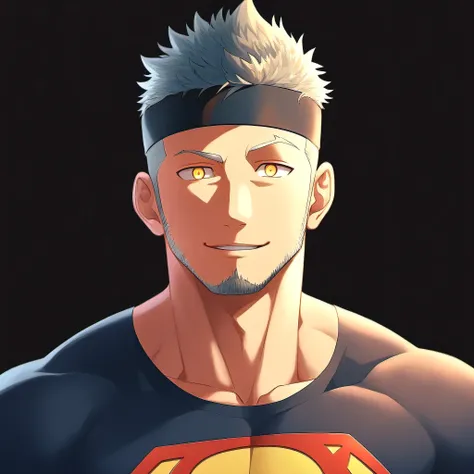 anime characters：Guy, priapus, 1 young muscular man, male focus, Sporty black headband, turtleneck superman tight t-shirt, superman logo, muscular male, muscular, only, Upper body, alone, white short hair, stubble, yellow eyes, blink, black background, Sim...