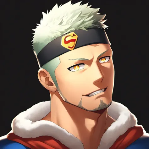 anime characters：Guy, priapus, 1 young muscular man, male focus, Sporty black headband, turtleneck superman tight t-shirt, superman logo, muscular male, muscular, only, Upper body, alone, white short hair, stubble, yellow eyes, blink, black background, Sim...