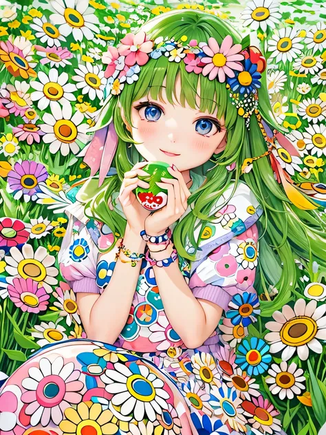 Takashi Murakami style, lips in love, sexuality, the nicest girl, beautiful eyes, Fashion Model, stylish,  beautiful flower, Colorful Hearts, sitting in the spring garden