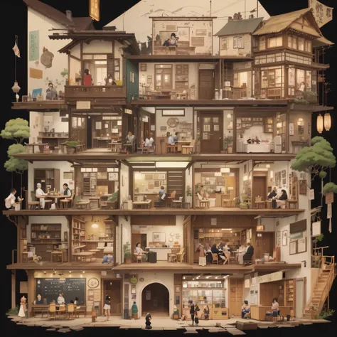 a close up of a building with many people inside of it, studio ghibli. intricate, highly detailed cover art, by Kim Hwan-gi, by Fei Danxu, highly detailed painting of old, studio ghibli scheme, an extremely detailed building, ruan jian, by Yun-Fei Ji, by Y...