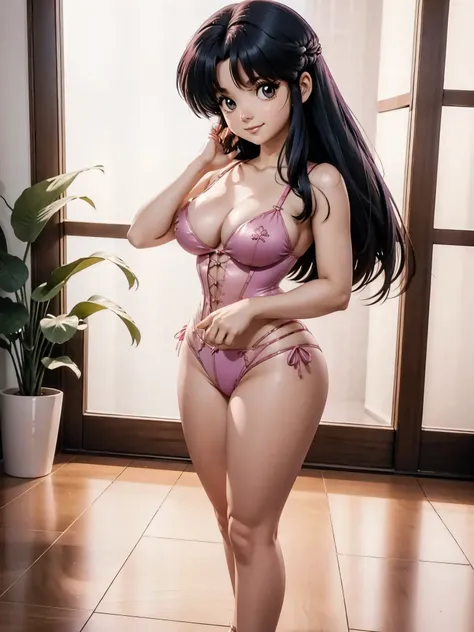 Dark-haired anime girl in pink swimsuit, espartilho e saia transparente, 16 anos, corpo bonito, seios grandes, com hand in panties , hand in hair, Garota sensual, purple cabelo, mechas de cabelo laterais, mechas de cabelo na lateral do rosto, beautiful lig...