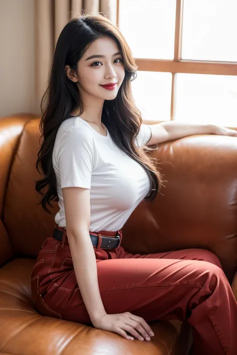 Draw lips correctly, red lipstick, from chest up, best quality, Super detailed, lifelike, Super fine skin, perfect anatomy, (1 日本Mature的女人), (alone)，Wear a red crew neck shirt，short sleeves，blue jeans，trousers，black belt，wavy long hair，37-year-old female，M...