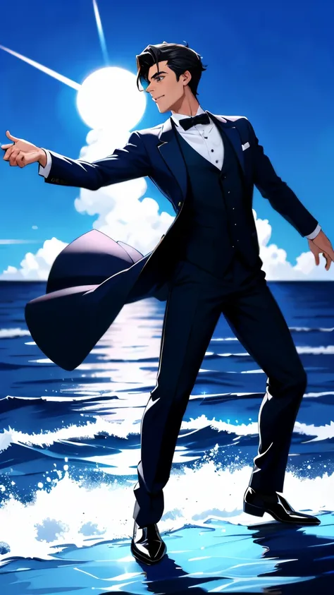 A handsome dancer wearing a tuxedo and dancing on the surface of the sea