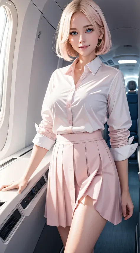 Young blonde with blue eyes and straight short hair、(wearing a classy (white) Button shirt:1.2), ((Light pink) long irregular hem skirt:1.2), close the button, 、ela esta sorrindo、she is showing her teeth、Cena noturna、melhor qualidade、obra-prima、8k、cinemati...