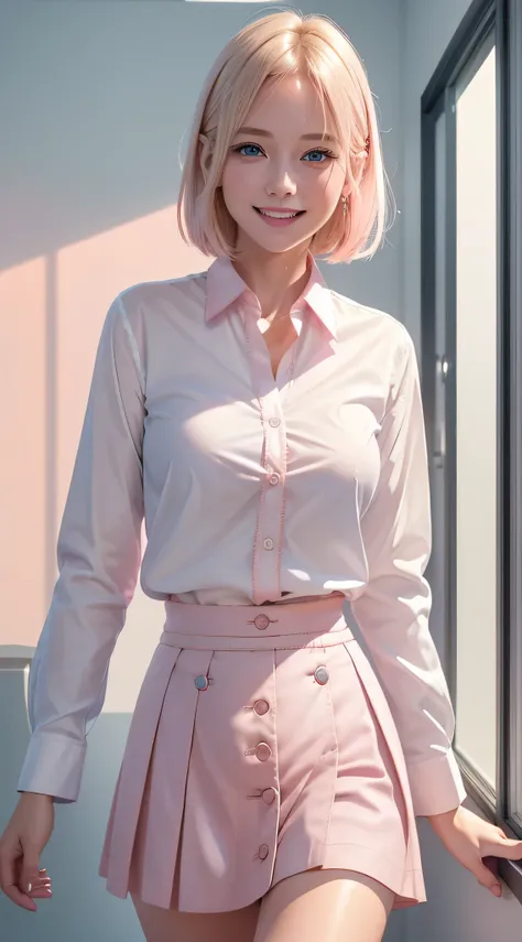 Young blonde with blue eyes and straight short hair、(elegant(white)Wearing Button shirt:1.2)、((light pink)long irregular hem skirt:1.2)、close the button、、ela esta sorrindo、she is showing her teeth、Cena noturna、melhor qualidade、obra-prima、8k、cinematic light...