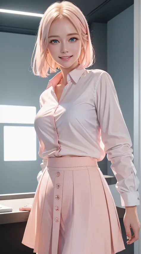 Young blonde with blue eyes and straight short hair、(elegant(white)Wearing Button shirt:1.2)、((light pink)long irregular hem skirt:1.2)、close the button、、ela esta sorrindo、she is showing her teeth、Cena noturna、melhor qualidade、obra-prima、8k、cinematic light...