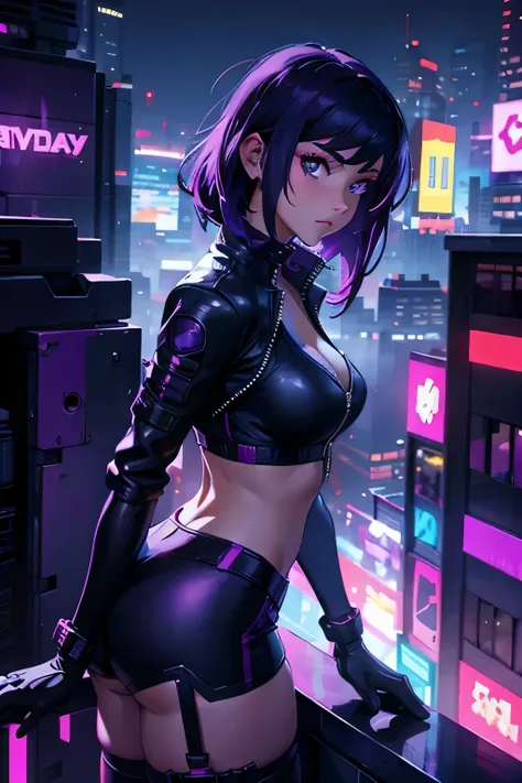 a close up of a person in a purple outfit on a ledge, in cyberpunk city, kate bishop, cyberpunk femme fatale, in cyber punk 2077, jet black haired cyberpunk girl, cyberpunk girl, cyberpunk 2 0 y. o model girl, modern cyberpunk, seductive cyberpunk dark fan...