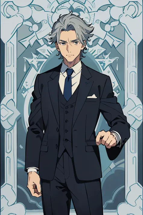 ((best quality)), ((masterpiece)), (detailed), perfect face, sprite, game sprite, no background, male, middle aged, grey hair, short hair, suit, formal suit, (anime), old, professor, (((anime style))), japanese,
