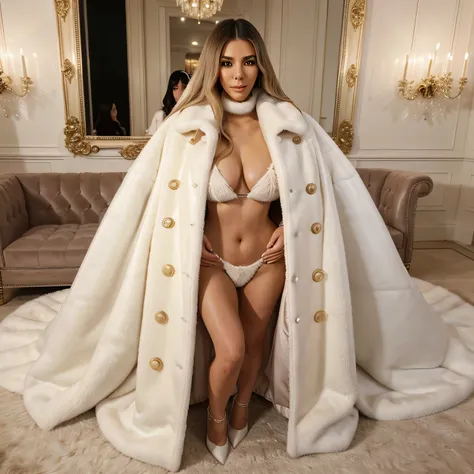 Very long white mink fur coat, bouffi, soyeux, huge, Trois couches, with a very large fur collar, sur Kim Kardashian, elle defile sur le poddium de chanel, son manteau de fourrure est envelopppant, she smiles provocatively and sensually