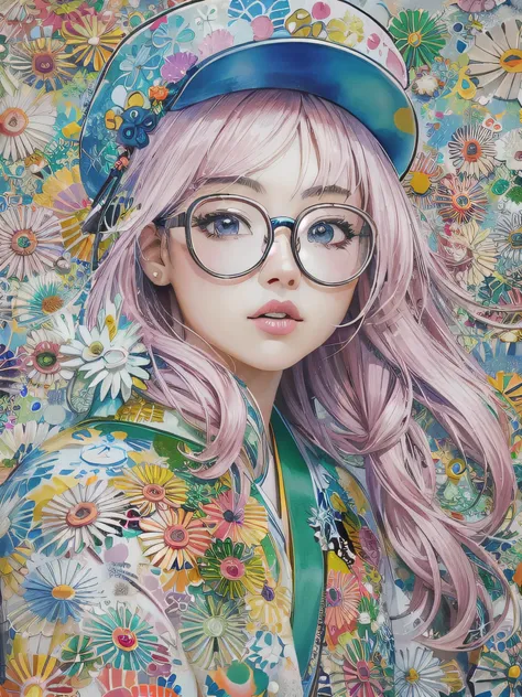 Takashi Murakami style、8K quality, watercolor painting, stylish design, (((The strongest beautiful girl of all time))), (((Japanese)))、Idol、Yuriko Yoshitaka、clear, stylish glasses, Fashionable hats, (((highest quality))), bob hair, Place your hands on the ...