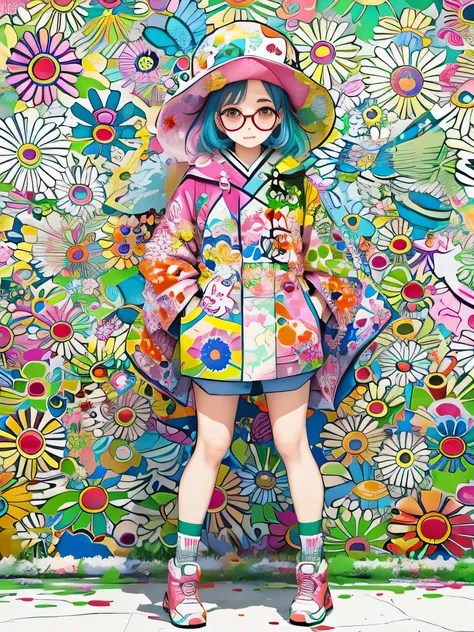 Takashi Murakami style、8K quality, watercolor painting, stylish design, (((The strongest beautiful girl of all time))), (((Japanese)))、Idol、Yuriko Yoshitaka、clear, stylish glasses, Fashionable hats, (((highest quality))), bob hair, put your hand on the wal...