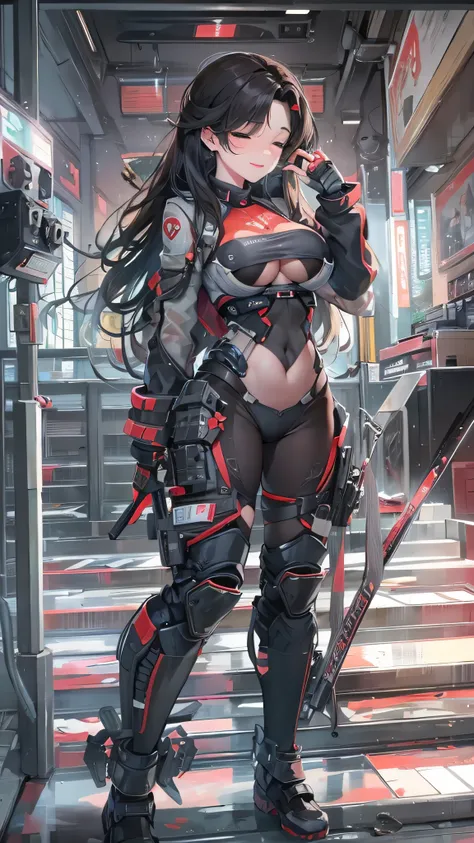 perfect anatomy, masterpiece:1.2, highest quality, 8K, beautiful and detailed growth, Utopian performance, (in a dirty state:1.3 Tattered:1.2 red battle suits) (solo curly hair long hair femdom cute, 17, closed my eyes, dirty face, best smile, big breasts)...