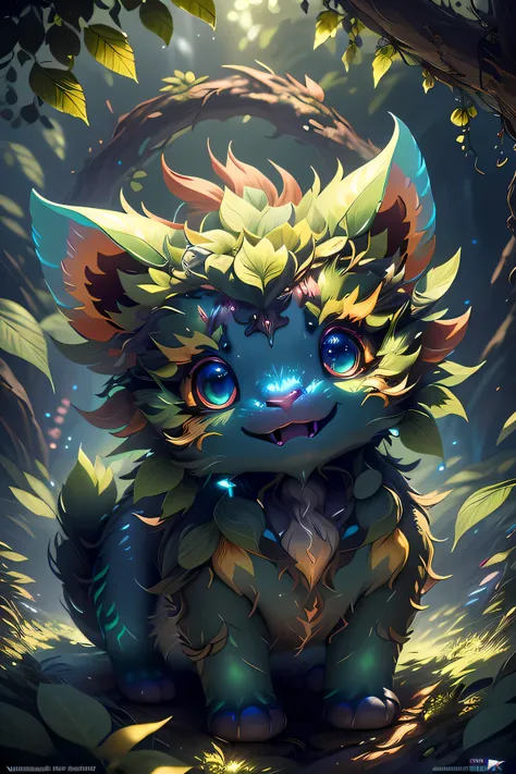 grainy, Very detailed, intricate details, dynamic lighting,lifelike, Movie , natural lighting, m0nst3rfy3, Little Tiger, red glowing eyes, :p, (fluffy:1.2), Luminous stripes, dark forest,dark theme, open mouth, Many teeth, There is an abyss in the mouth,