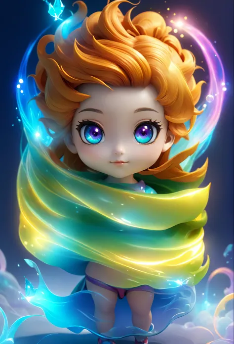 masterpice 3d render, concept 3d render character, chibi cute girl with iridescent eyes, strong aura, four elements magic